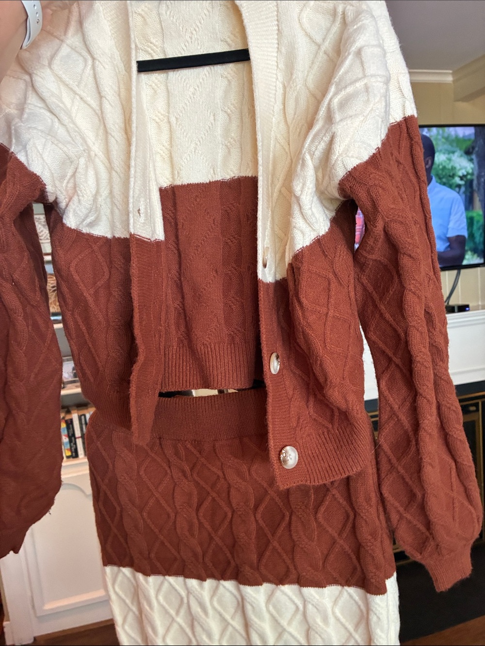 Fashion Nova Cream & Rust Cable Knit Two-Piece Cardigan Set